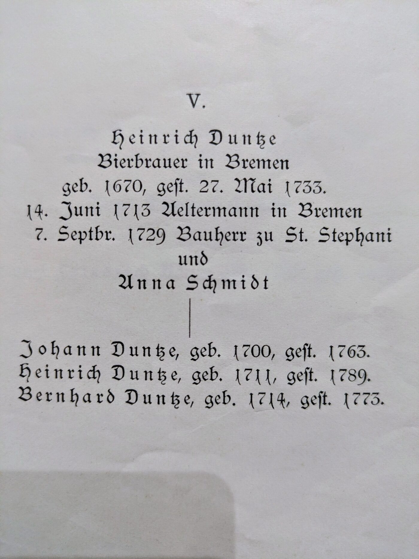 Auszug aus dem historischen Duntze-Stammbuch mit dem Eintrag zu Heinrich Duntze